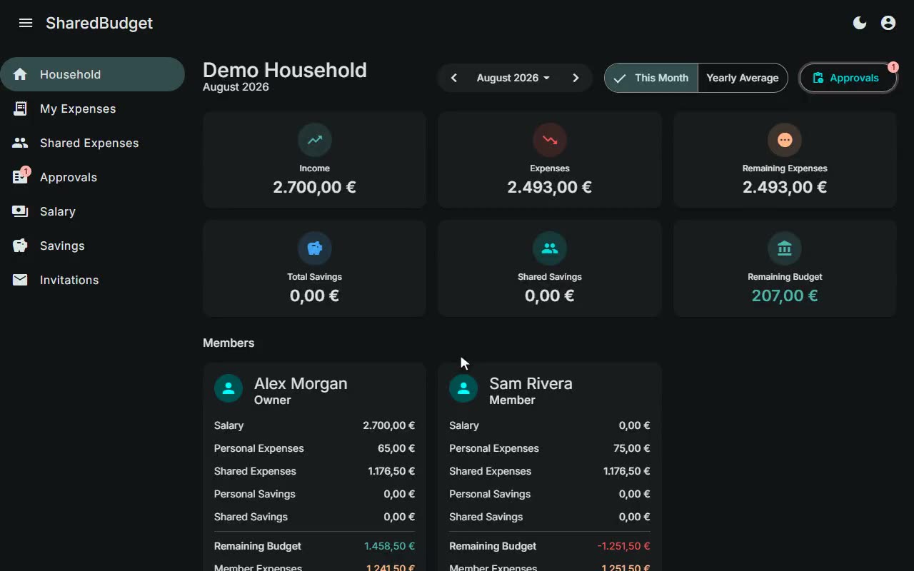 SharedBudget — screen recording: updating a salary and adding an expense, dashboard recalculates