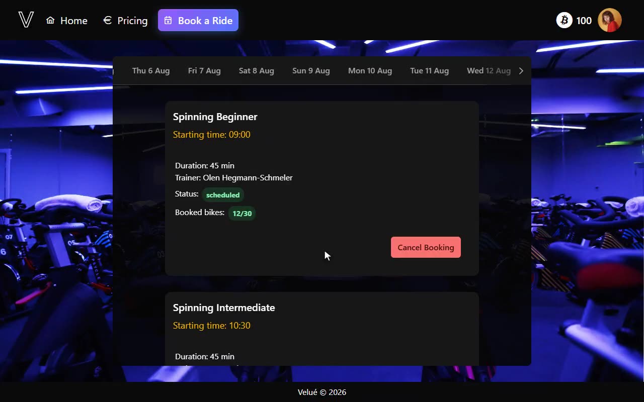 Velué — screen recording: buying credits via Stripe and booking a class
